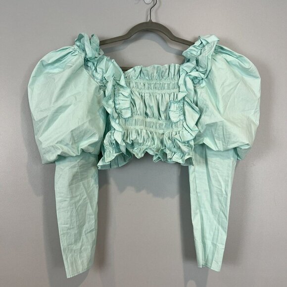 Nasty Gal Puff Sleeve Cropped Top Blouse Green Size Small NWT - Picture 8 of 12
